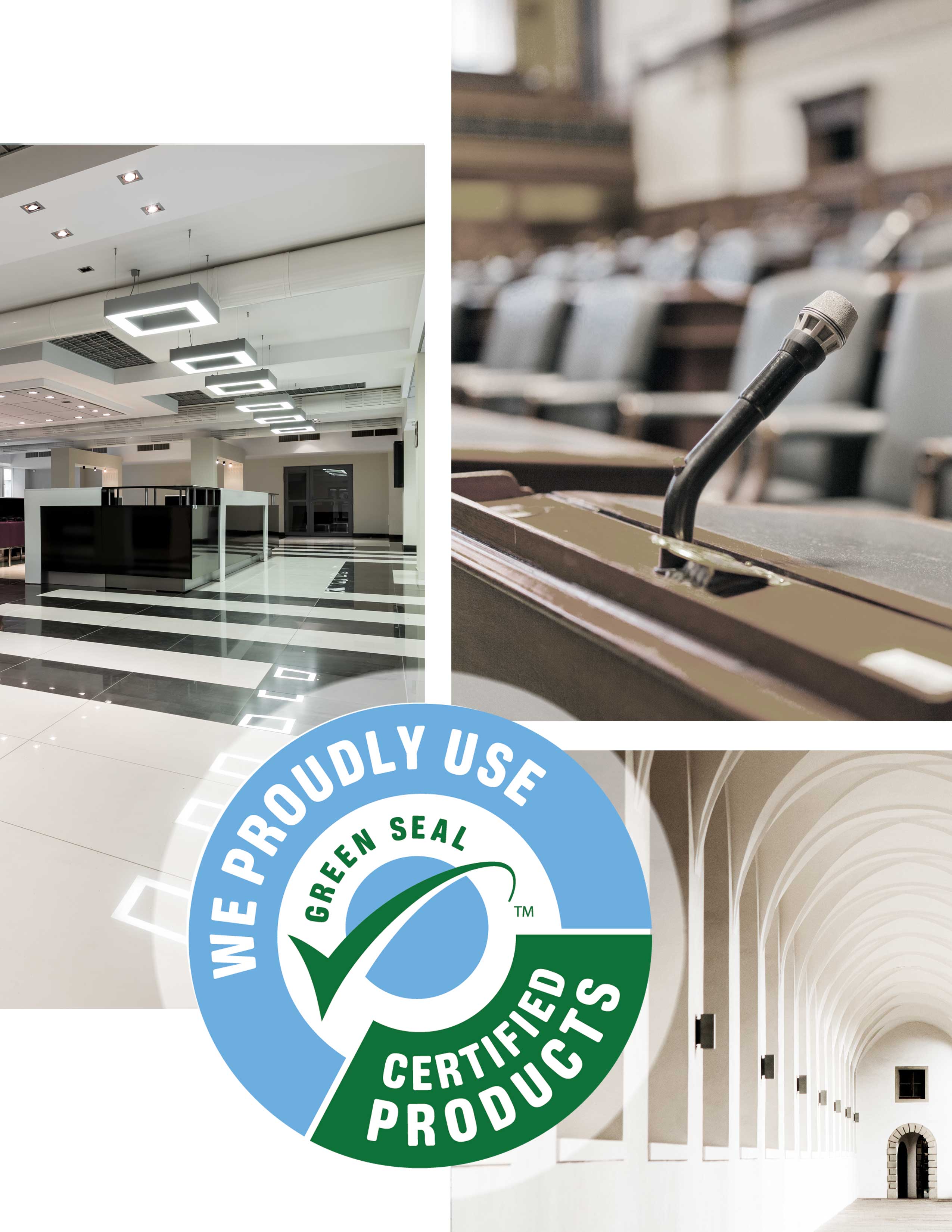 Collage of images, the first the inside of a government office building, the second a microphone at a podium in a lecture hall, and the third a long hallway with high arched ceilings.