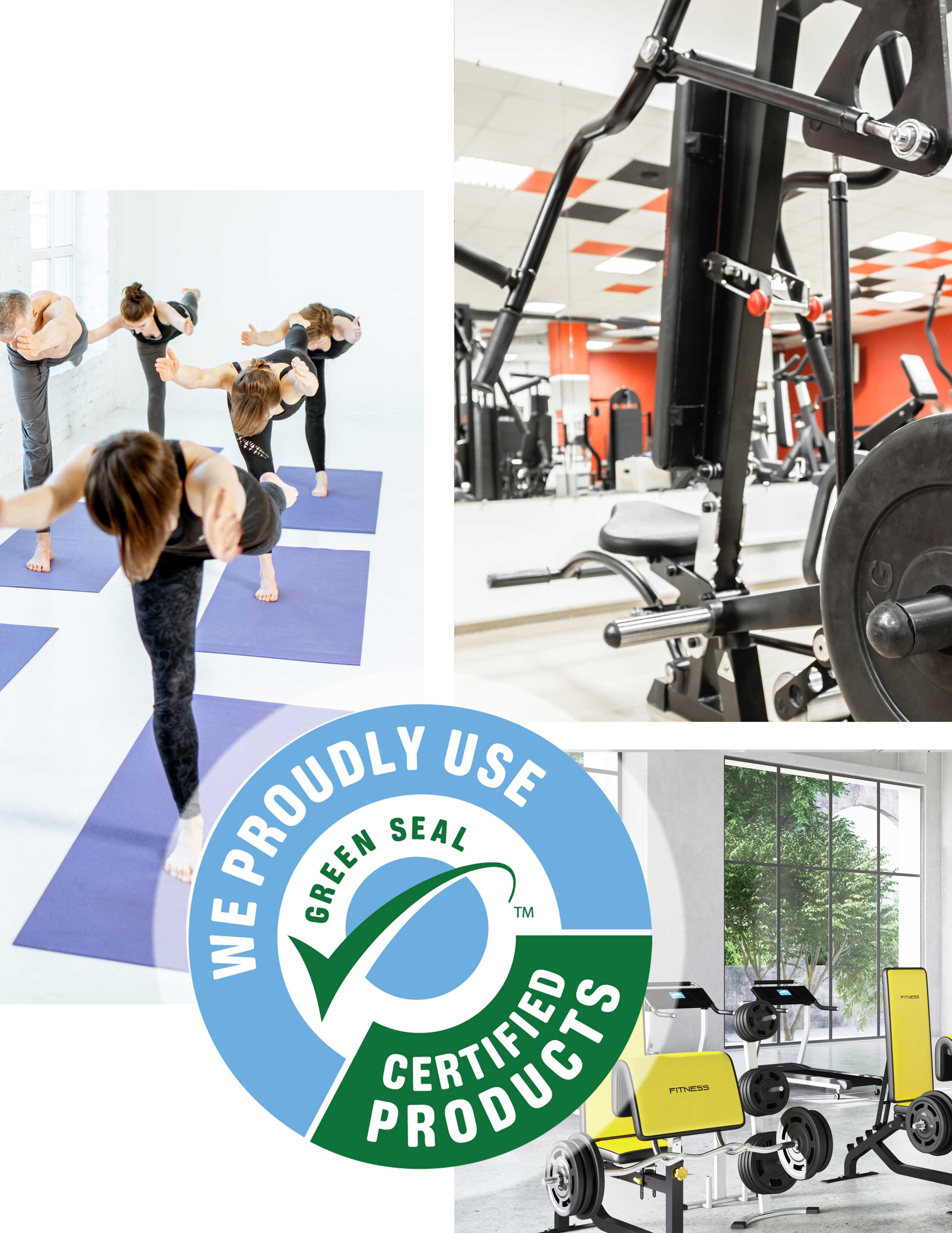 Collage of three images; the first shows people doing yoga in a studio, the second is a bench press by a mirror, and the third is weights on a machine by a window.