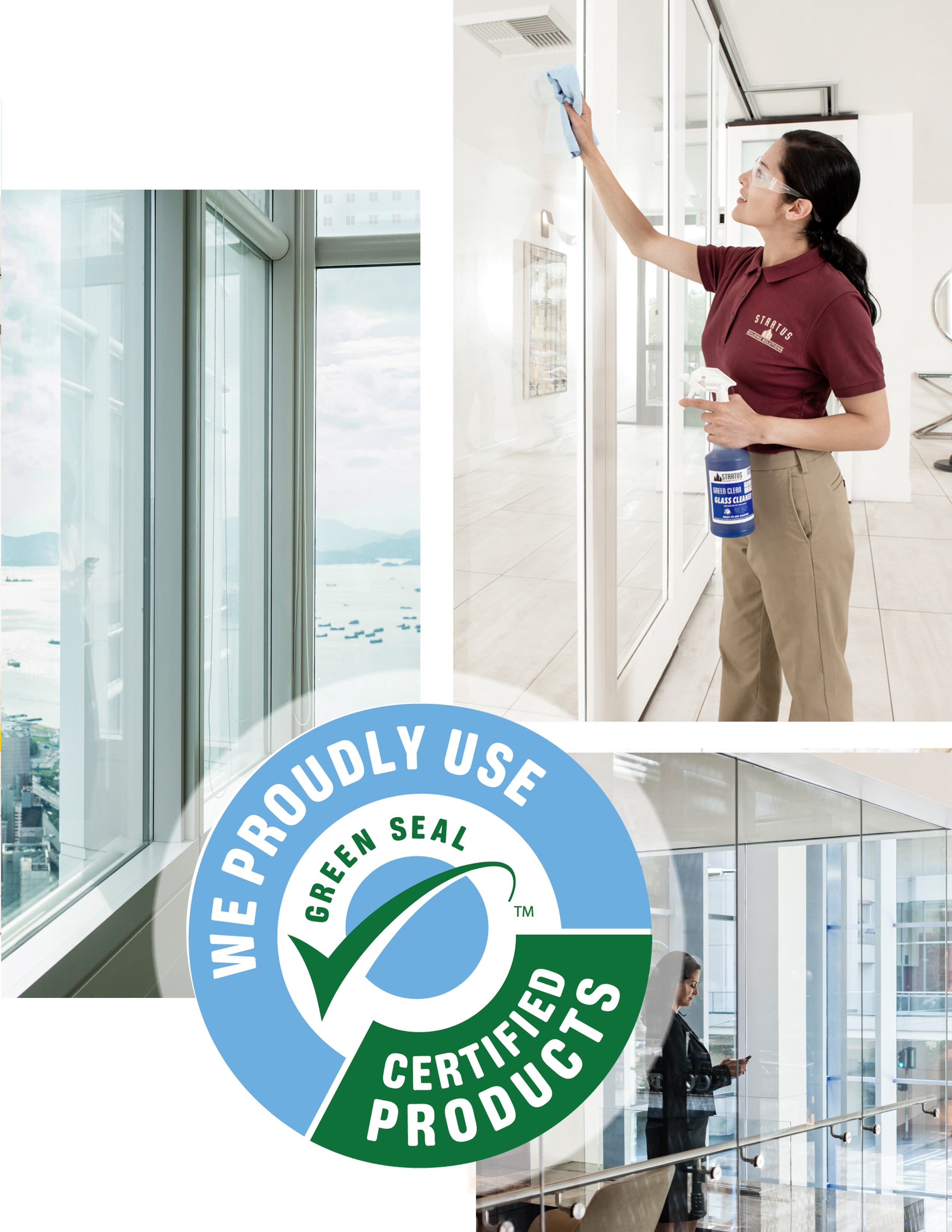 A Woman in a Stratus Uniform Cleans Windows Inside an Office 